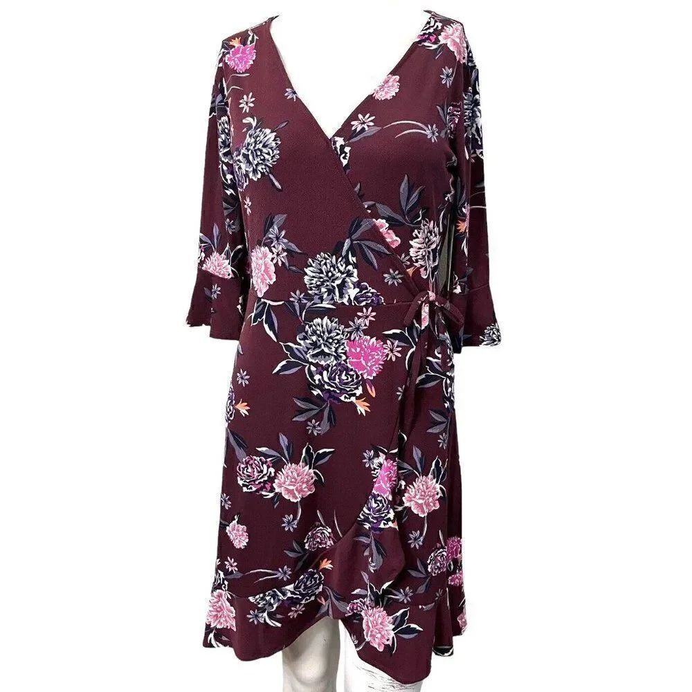 Candies Small Floral 3/4 Flutter Sleeve Faux Wrap Dress  V Neck Purple Plumb NWT